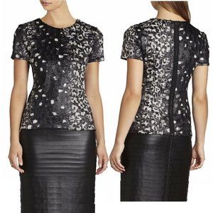 BCBG MAX AZRIA Tulum Faux Fur Coated Print Top Sz XS